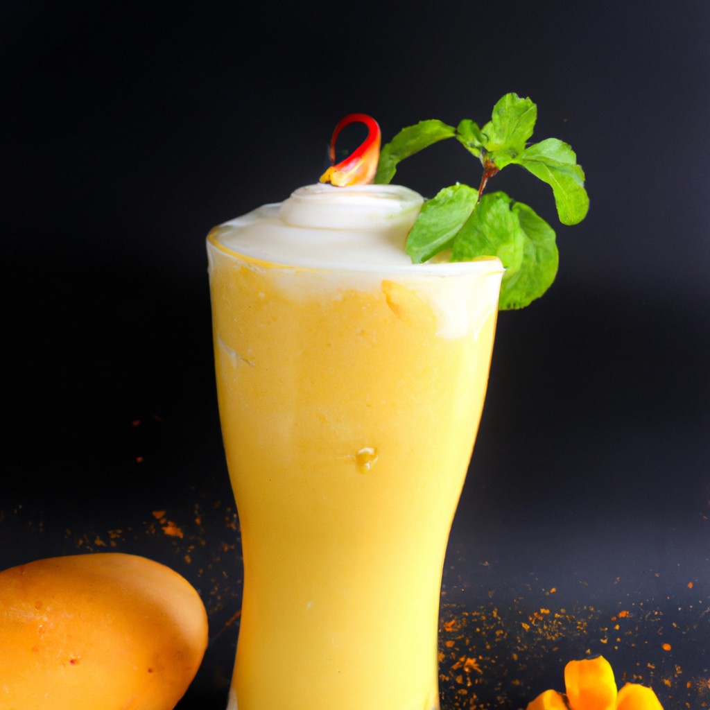 Refreshing mango lassi in a chilled glass with saffron