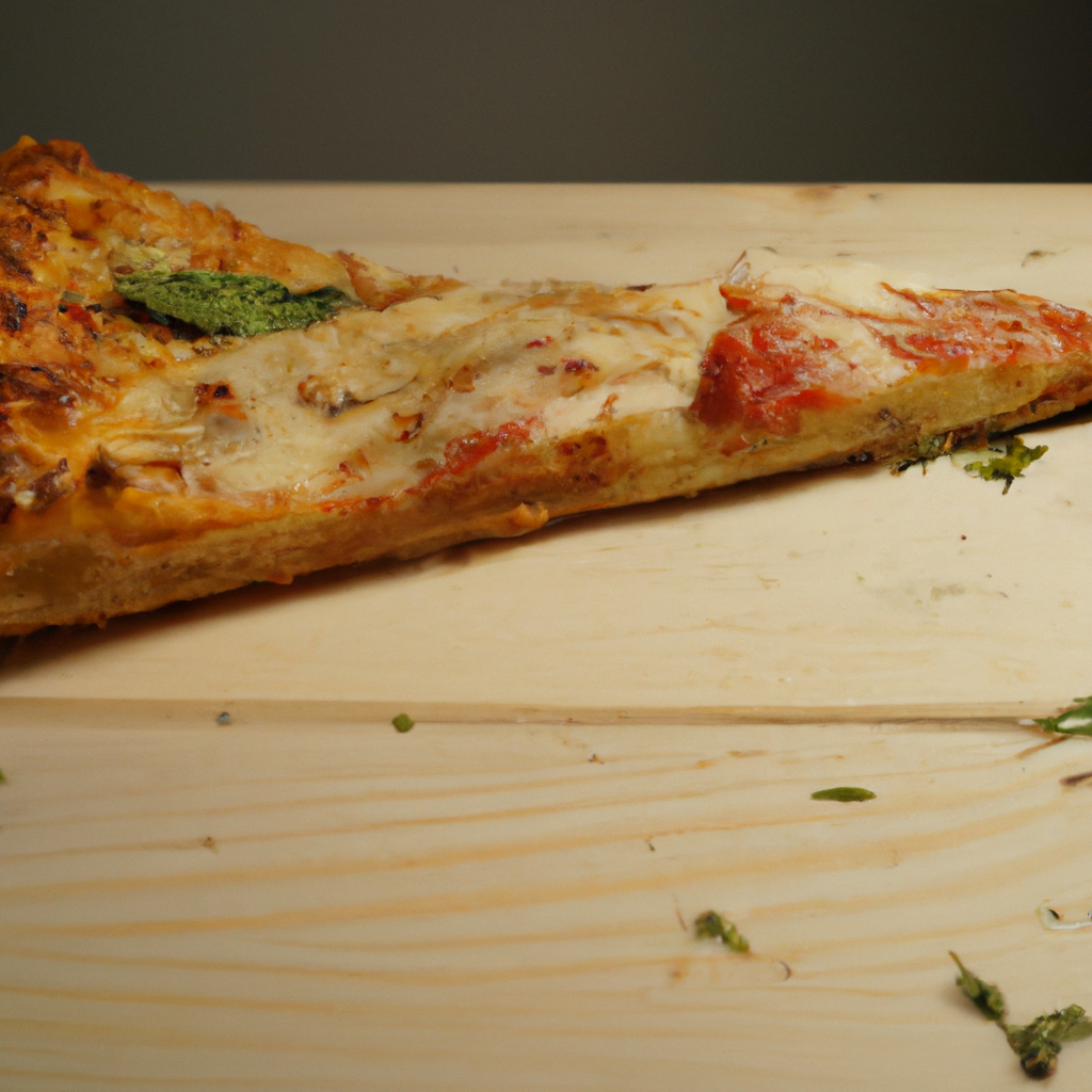 Gourmet artisanal pizza slice on marble with basil and tomatoes, wood paddle, melted cheese